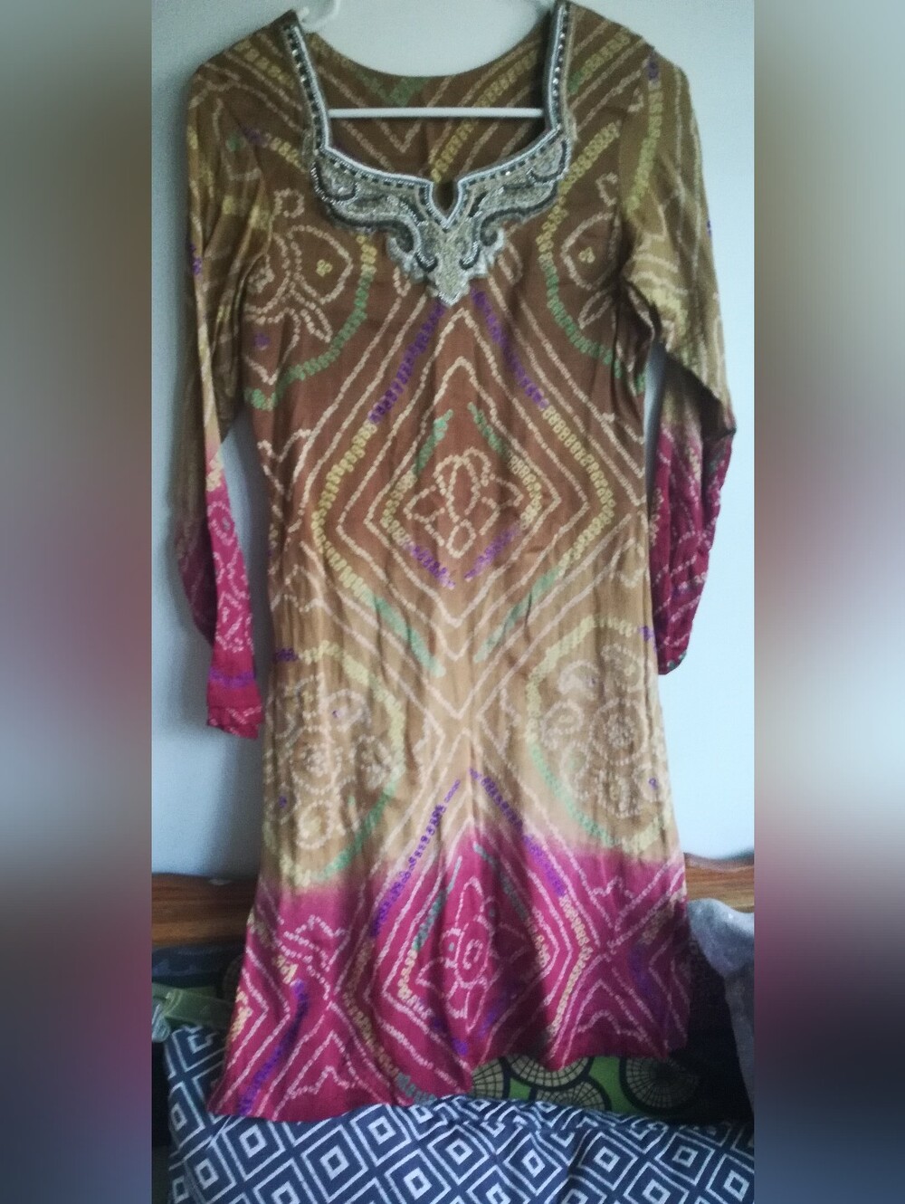 Embroidered Neckline Boho Maxi Dress in Brown and Pink